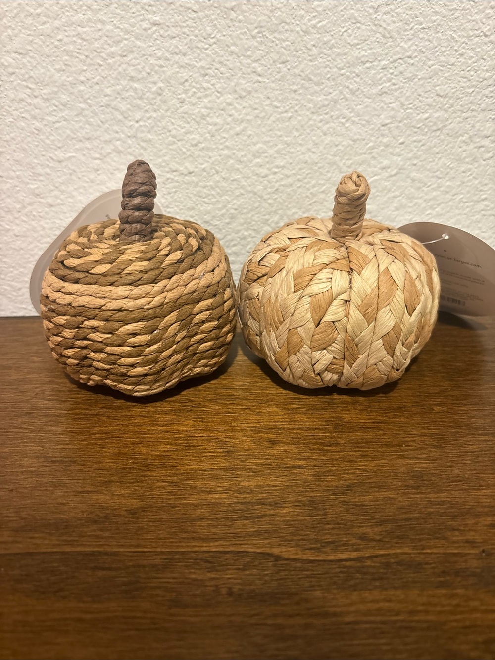 Set of 2 Small Threshold Woven/Braided Decorative Pumpkins in Tan/Light Brown